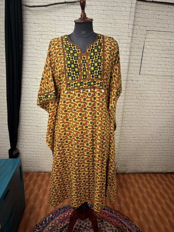 Yellow Camo Ajrakh Hand Embroidered Patch Kaftan