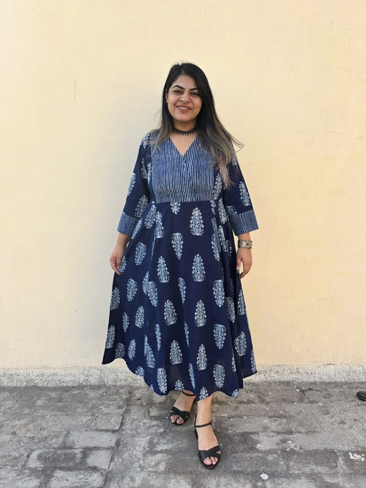 Aayaam Indigo Hand Block Printed A Line Maxi Patch Dress