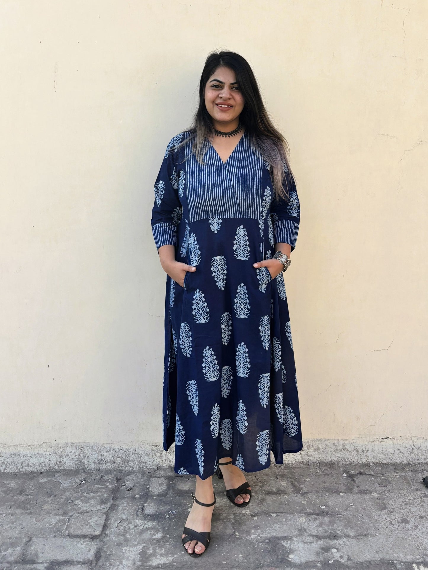 Aayaam Indigo Hand Block Printed A Line Maxi Patch Dress