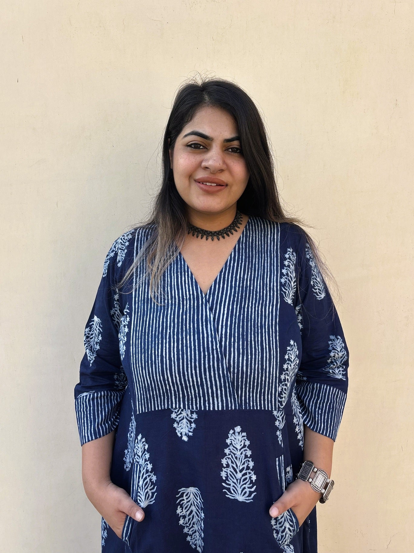 Aayaam Indigo Hand Block Printed A Line Maxi Patch Dress