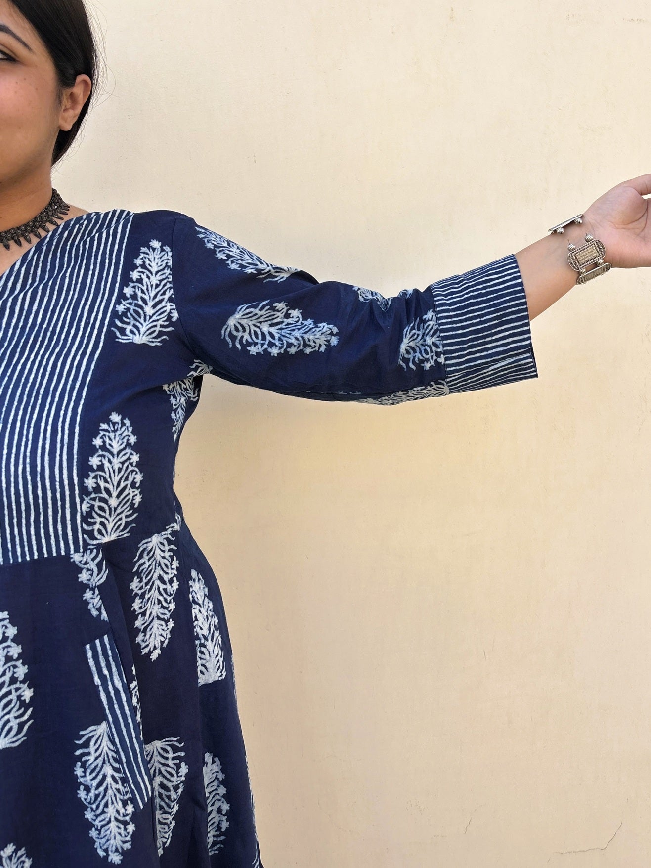 Aayaam Indigo Hand Block Printed A Line Maxi Patch Dress