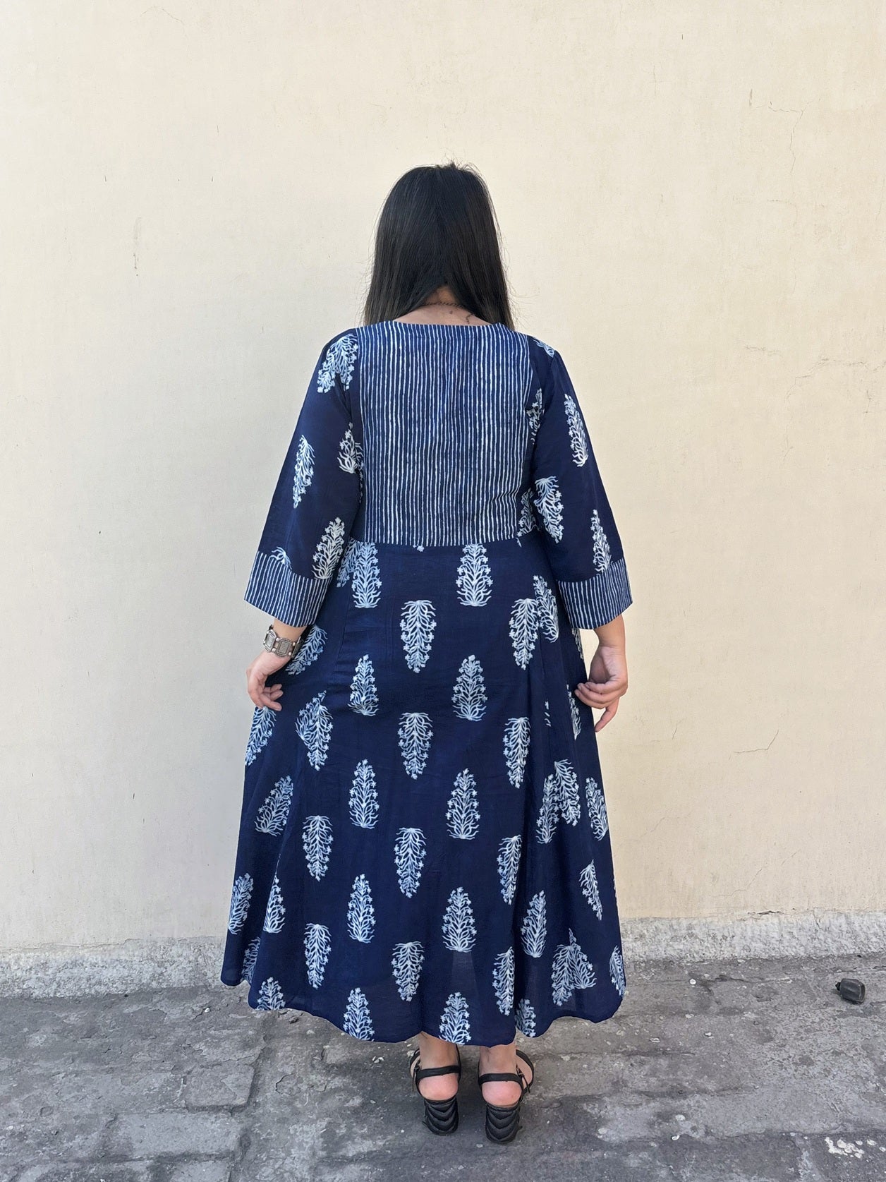 Aayaam Indigo Hand Block Printed A Line Maxi Patch Dress
