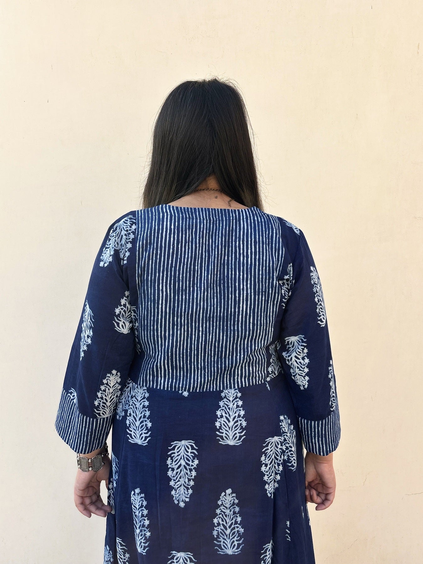 Aayaam Indigo Hand Block Printed A Line Maxi Patch Dress
