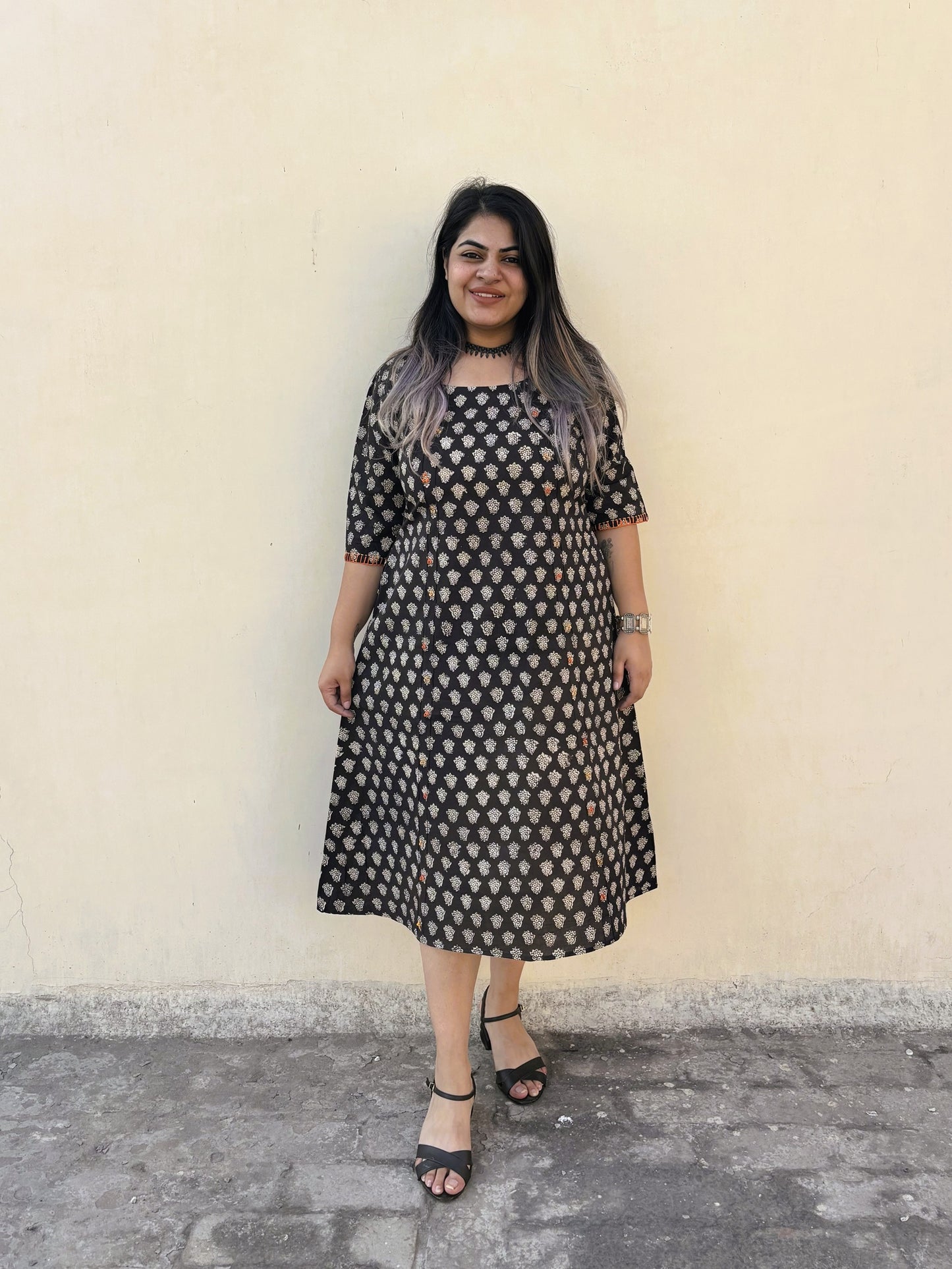 Saanvi Hand Block Printed Straight Midi Dress with Hand Embroidery