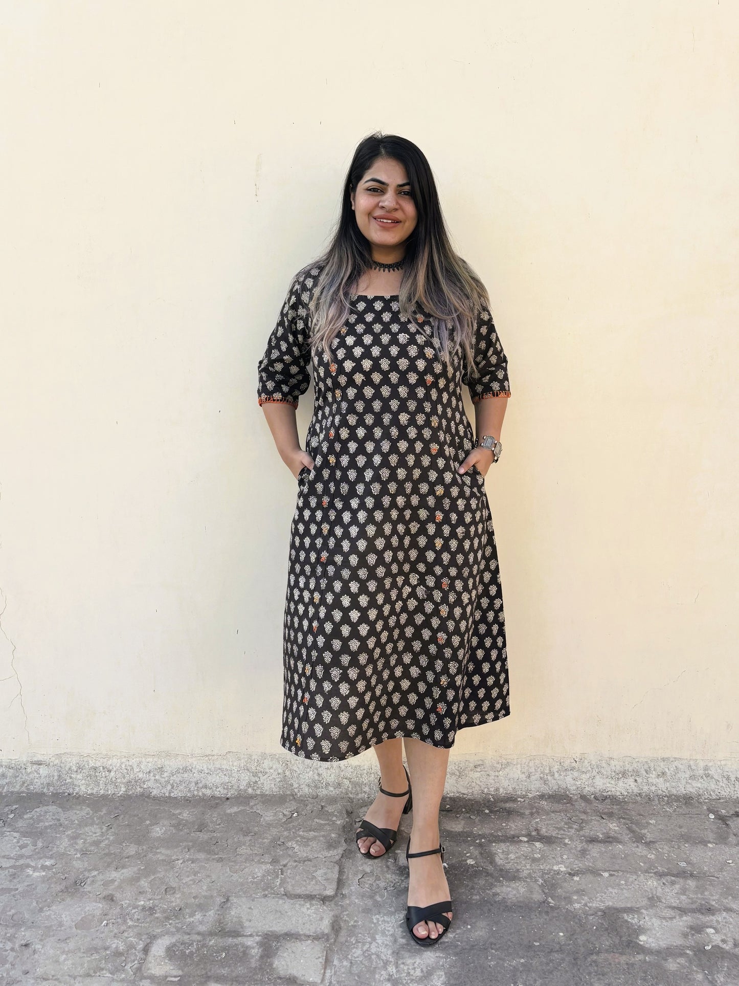 Saanvi Hand Block Printed Straight Midi Dress with Hand Embroidery