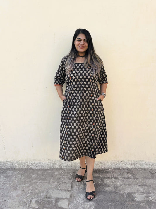 Saanvi Hand Block Printed Straight Midi Dress with Hand Embroidery