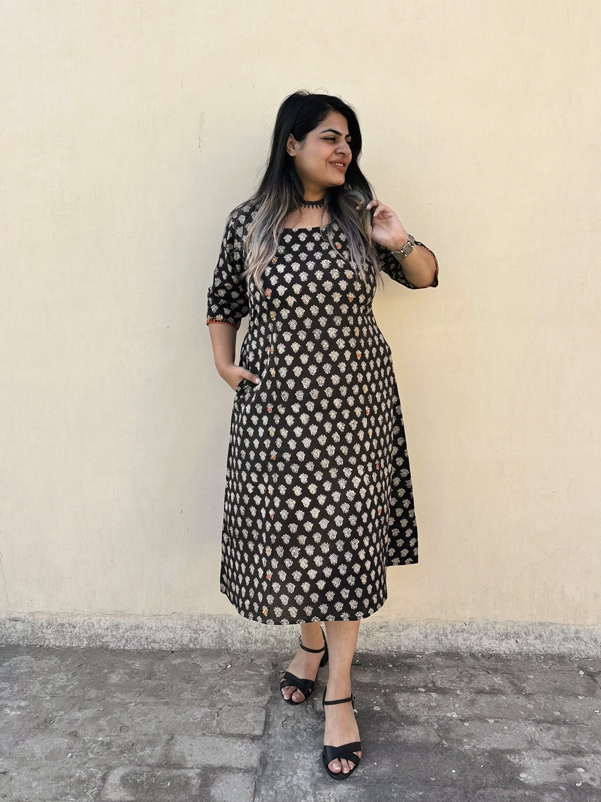 Saanvi Hand Block Printed Straight Midi Dress with Hand Embroidery
