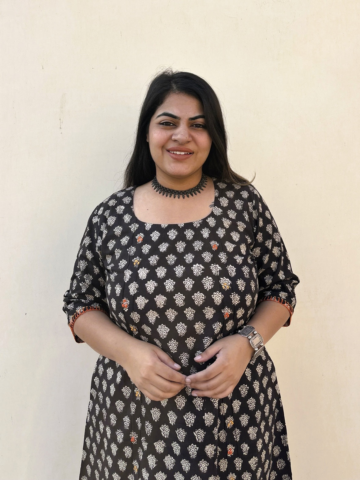 Saanvi Hand Block Printed Straight Midi Dress with Hand Embroidery