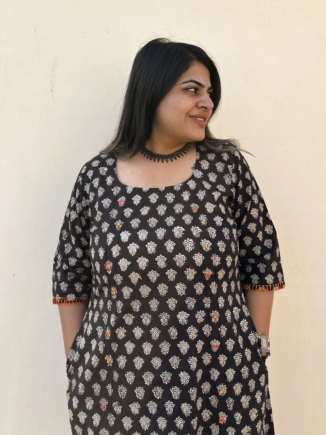 Saanvi Hand Block Printed Straight Midi Dress with Hand Embroidery