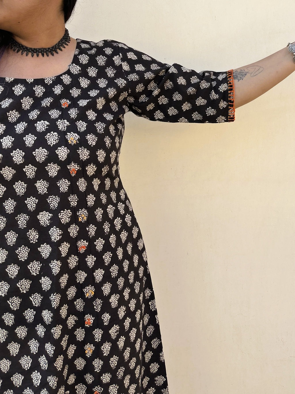 Saanvi Hand Block Printed Straight Midi Dress with Hand Embroidery