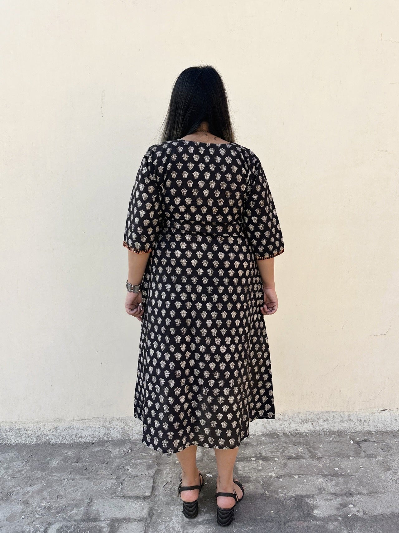 Saanvi Hand Block Printed Straight Midi Dress with Hand Embroidery