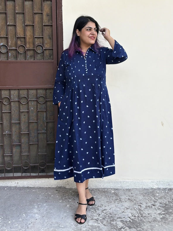 Lil Hearts Indigo Midi Dress with Pintuck Detailing