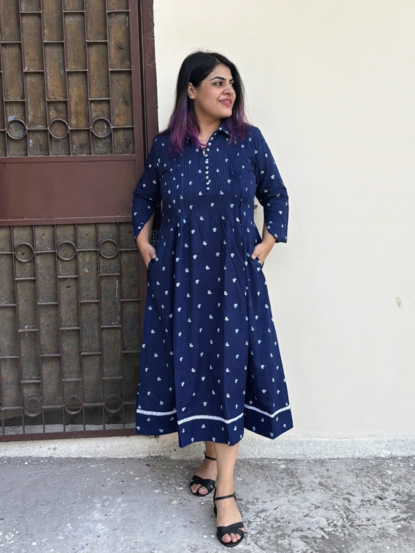 Lil Hearts Indigo Midi Dress with Pintuck Detailing