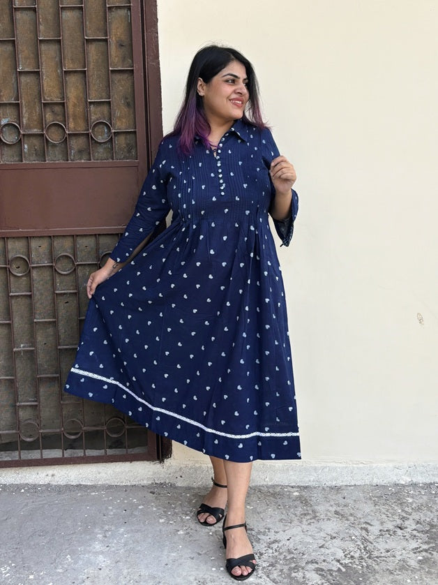 Lil Hearts Indigo Midi Dress with Pintuck Detailing