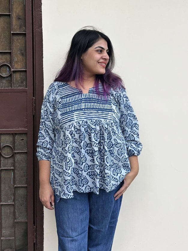Indigo White Hand Block Printed Boho Top with Back Drawstring