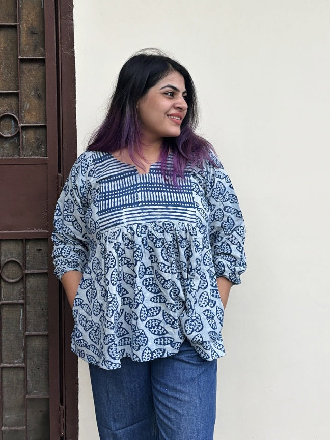 Indigo White Hand Block Printed Boho Top with Back Drawstring