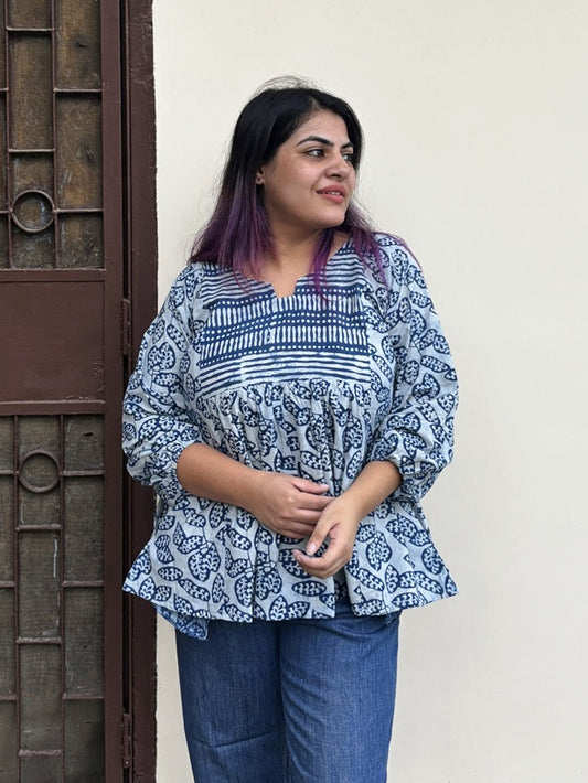 Indigo White Hand Block Printed Boho Top with Back Drawstring