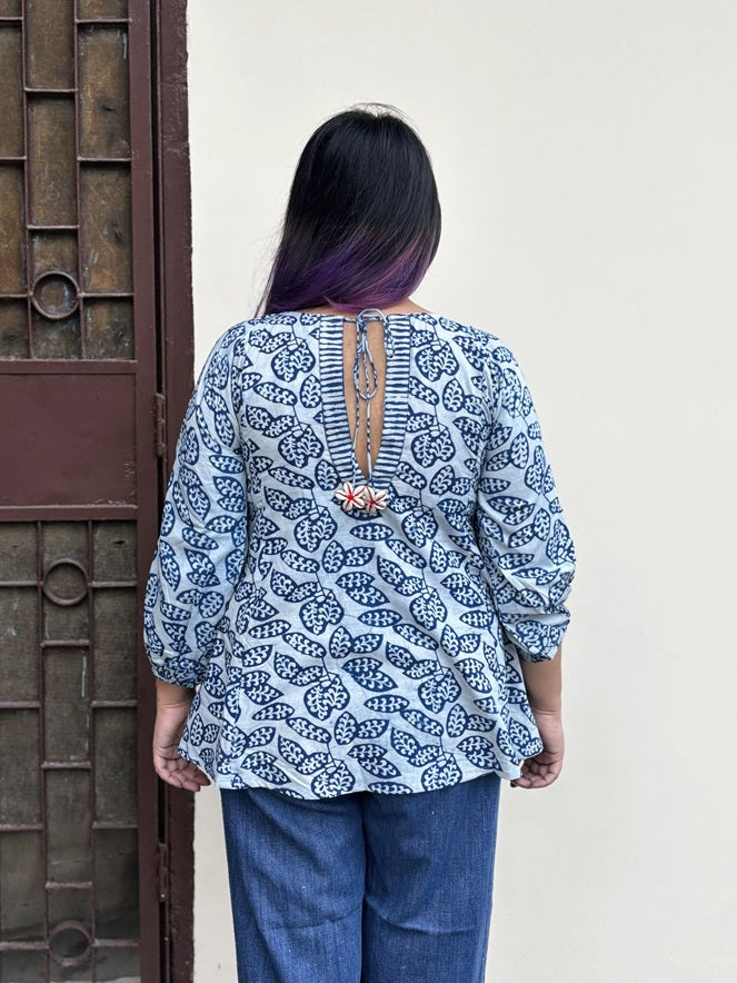 Indigo White Hand Block Printed Boho Top with Back Drawstring