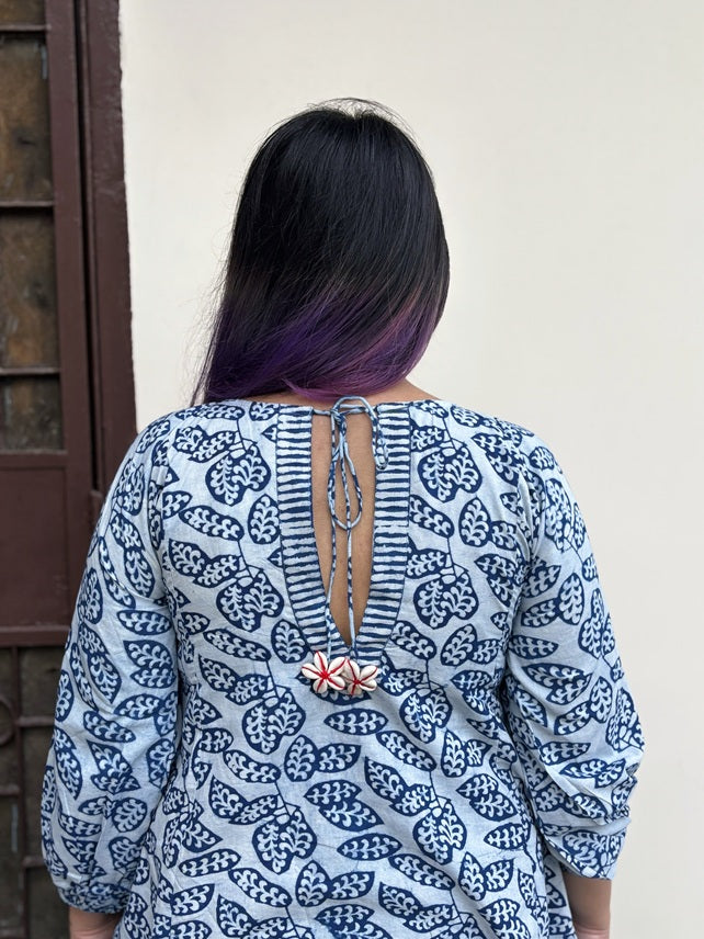 Indigo White Hand Block Printed Boho Top with Back Drawstring
