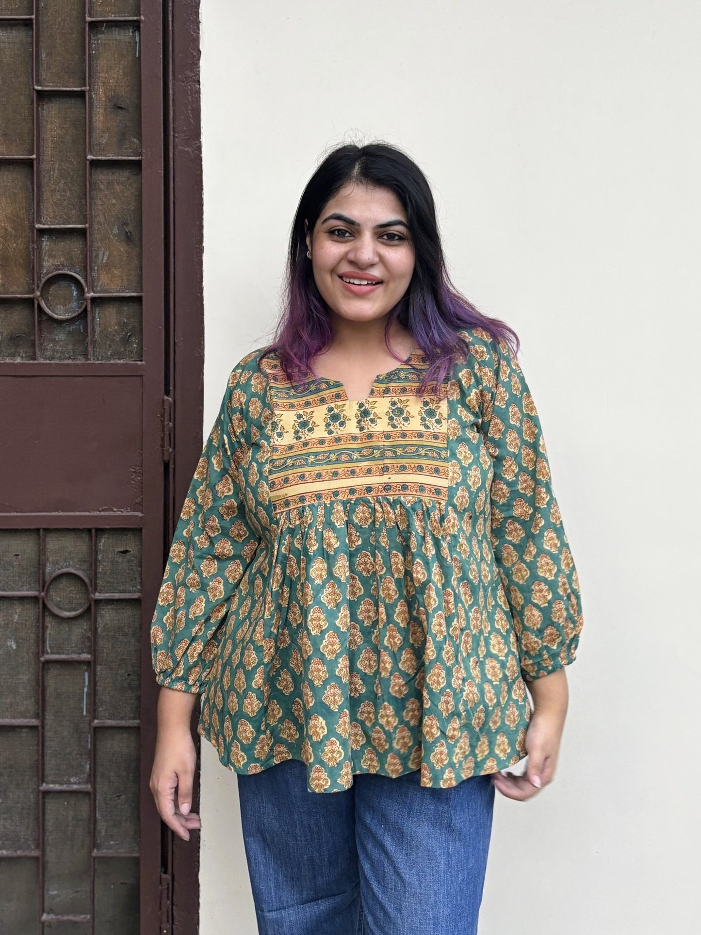 Kesar Phool Hand Block Printed Boho Top with Back Drawstring