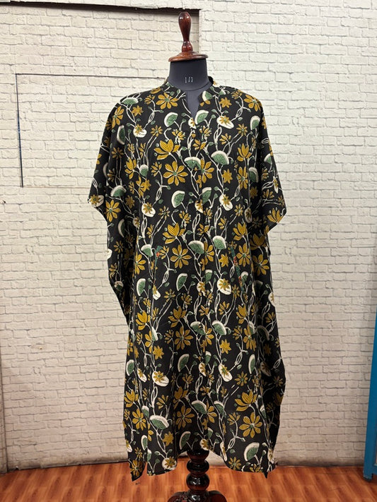 Black Mustard Floral High Low Midi Cotton Shirt Kaftan