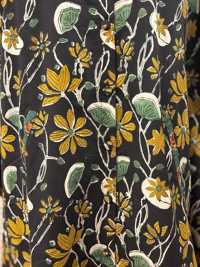 Black Mustard Floral High Low Midi Cotton Shirt Kaftan