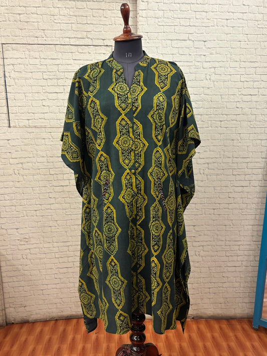 Green Ajrakh High Low Midi Cotton Shirt Kaftan