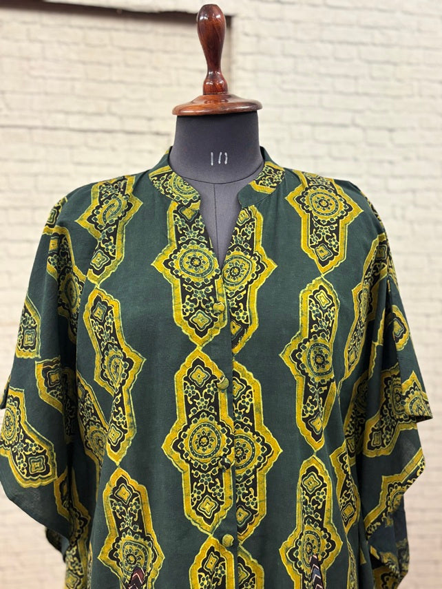 Green Ajrakh High Low Midi Cotton Shirt Kaftan