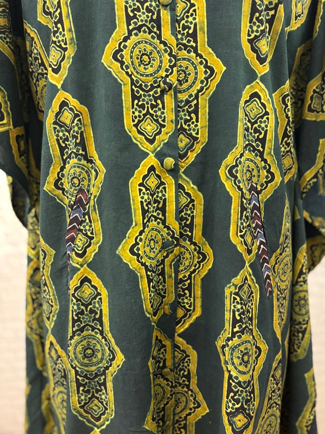 Green Ajrakh High Low Midi Cotton Shirt Kaftan