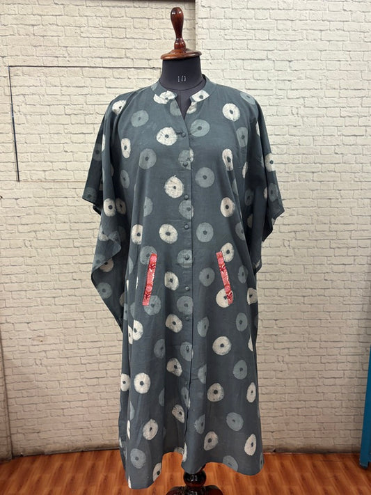 Grey Circles High Low Midi Cotton Shirt Kaftan
