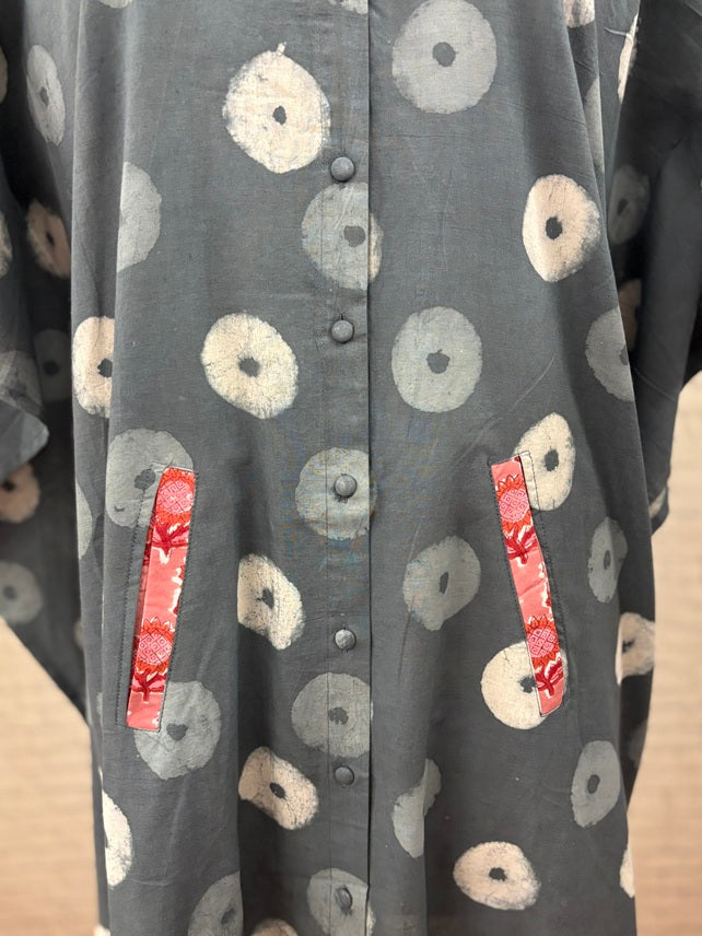 Grey Circles High Low Midi Cotton Shirt Kaftan