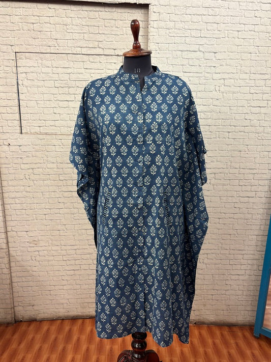 Indigo White High Low Midi Cotton Shirt Kaftan