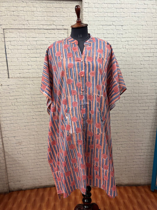Pink Blue High Low Midi Cotton Shirt Kaftan