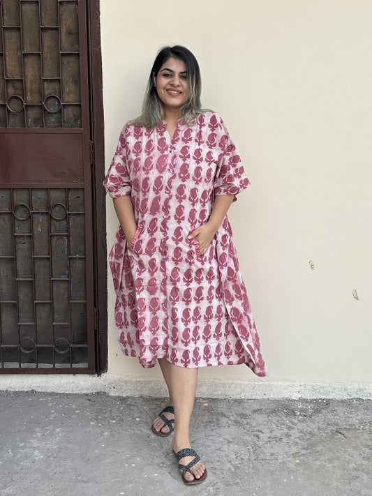 Pink Paisley High Low Midi Cotton Shirt Kaftan