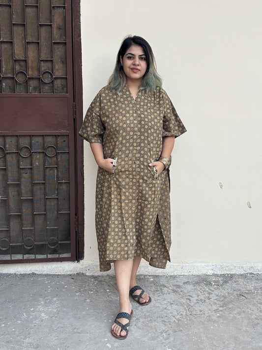 Kashish Orange Ajrakh High Low Midi Cotton Shirt Kaftan