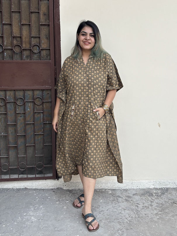 Kashish Orange Ajrakh High Low Midi Cotton Shirt Kaftan