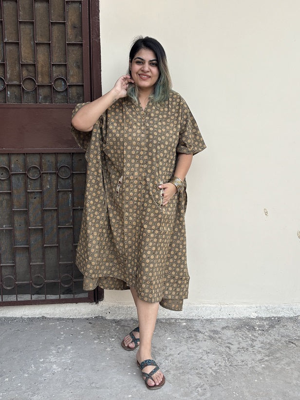 Kashish Orange Ajrakh High Low Midi Cotton Shirt Kaftan