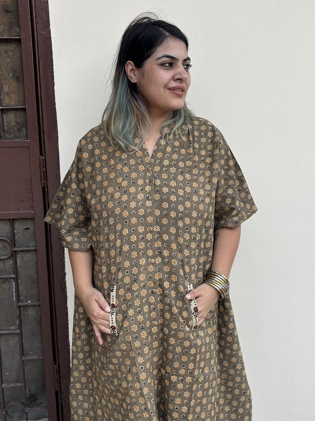 Kashish Orange Ajrakh High Low Midi Cotton Shirt Kaftan