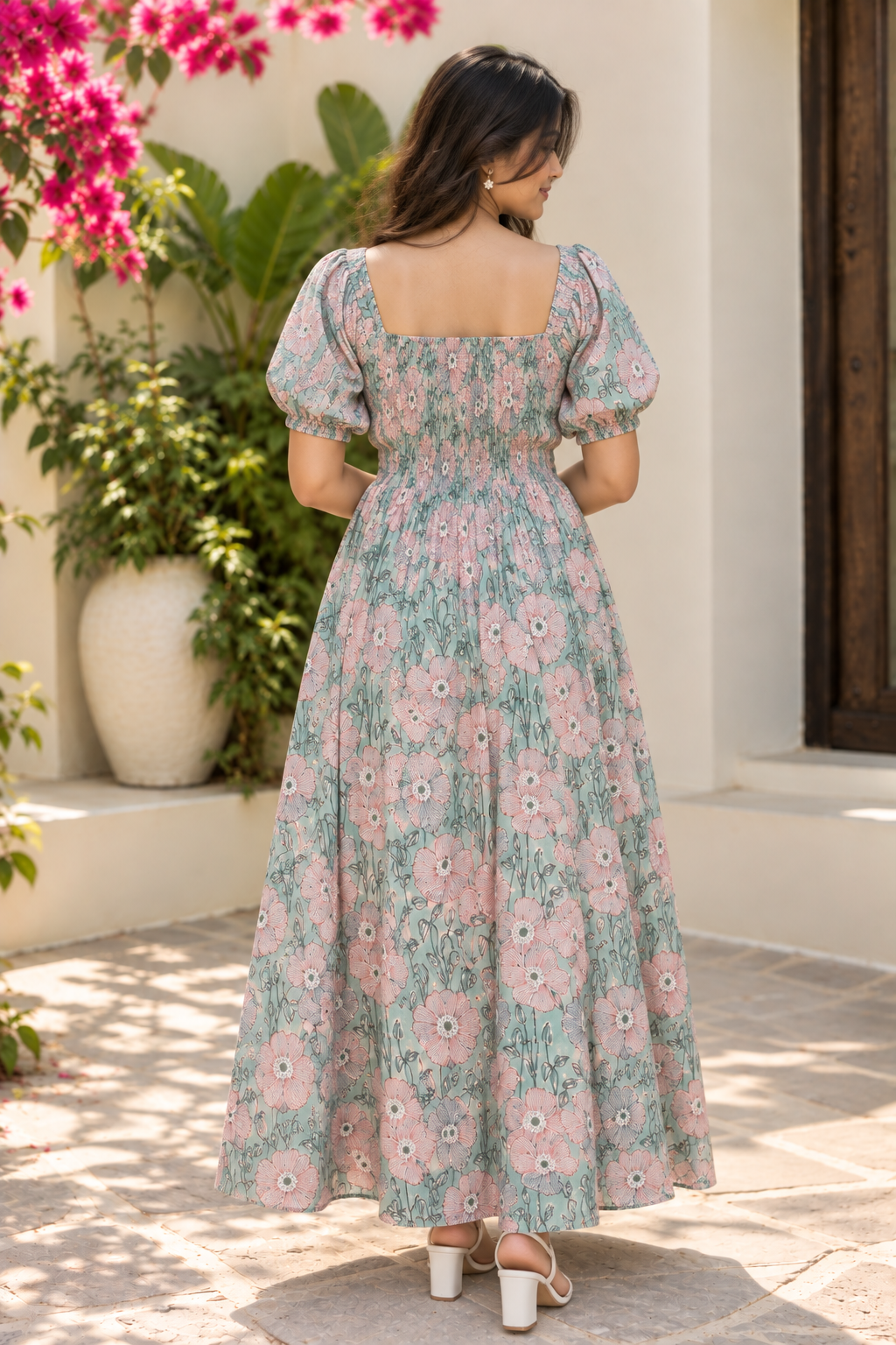 Candy Floss Hand Block Printed Maxi Dress with Puff Sleeves