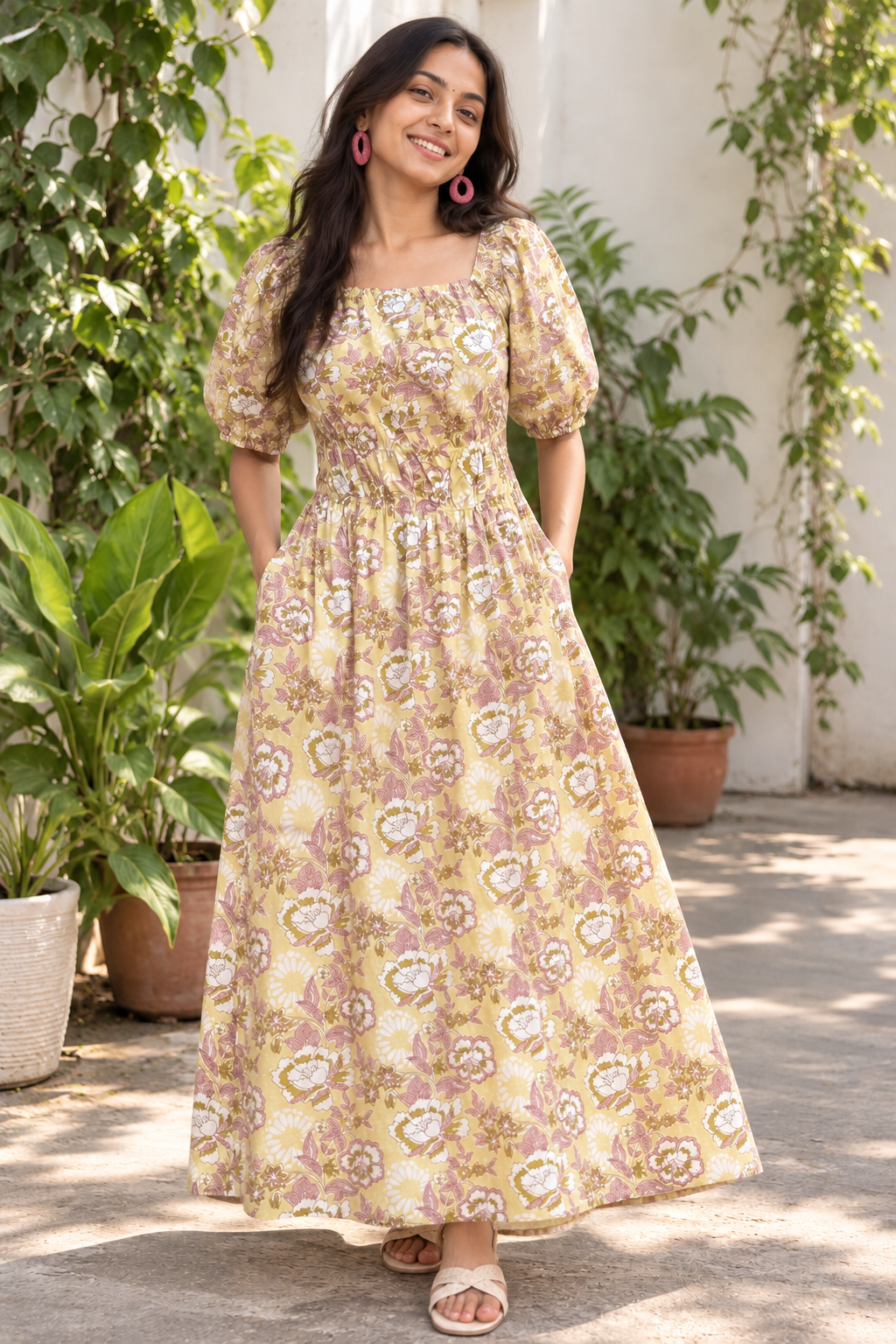 Buttercup Hand Block Printed Maxi Dress with Puff Sleeves