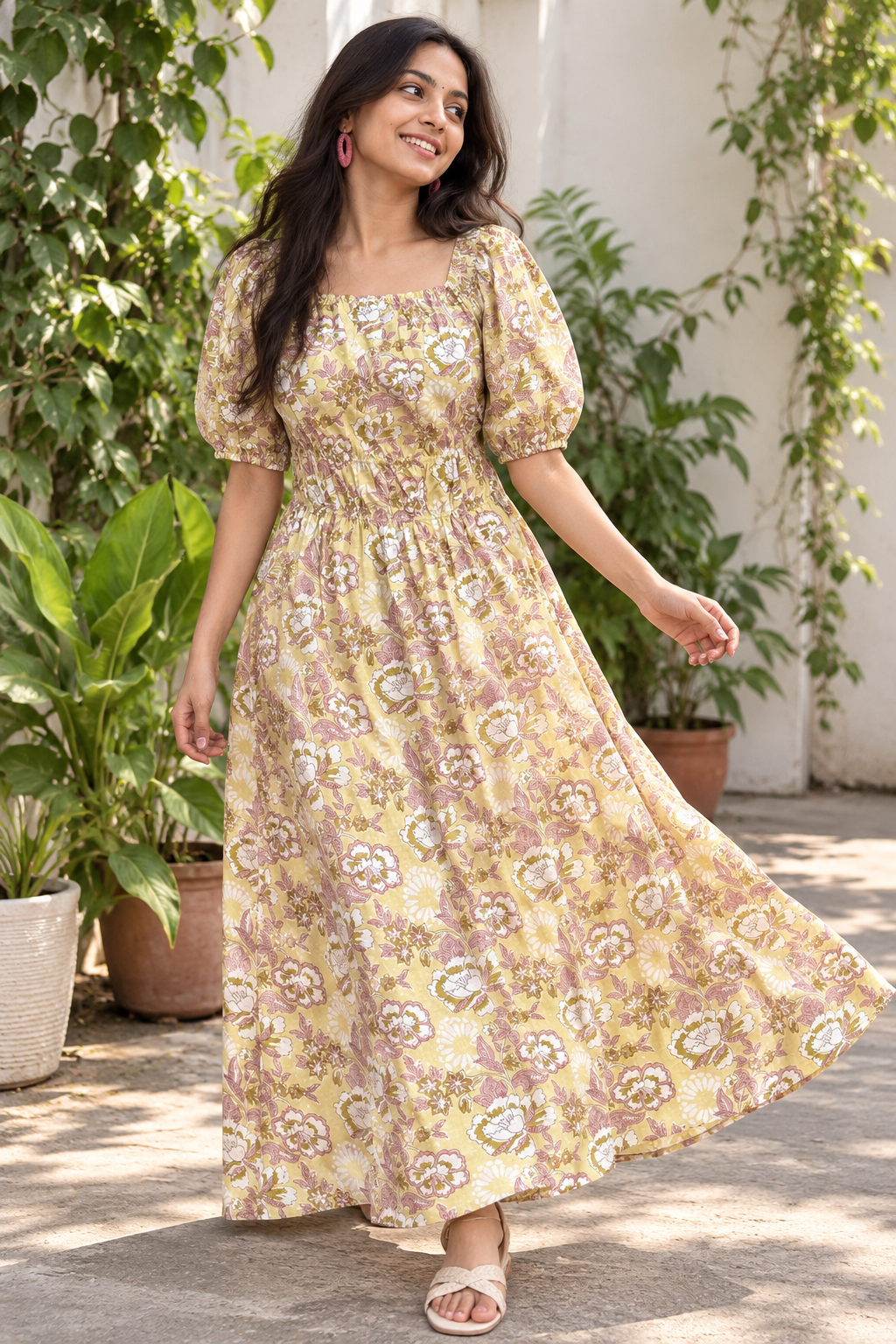 Buttercup Hand Block Printed Maxi Dress with Puff Sleeves