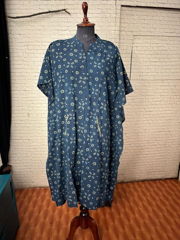 Indigo Green Ajrakh High Low Midi Shirt Kaftan