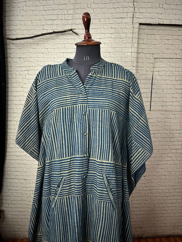 Indigo Green Cross Stripes Ajrakh High Low Midi Shirt Kaftan