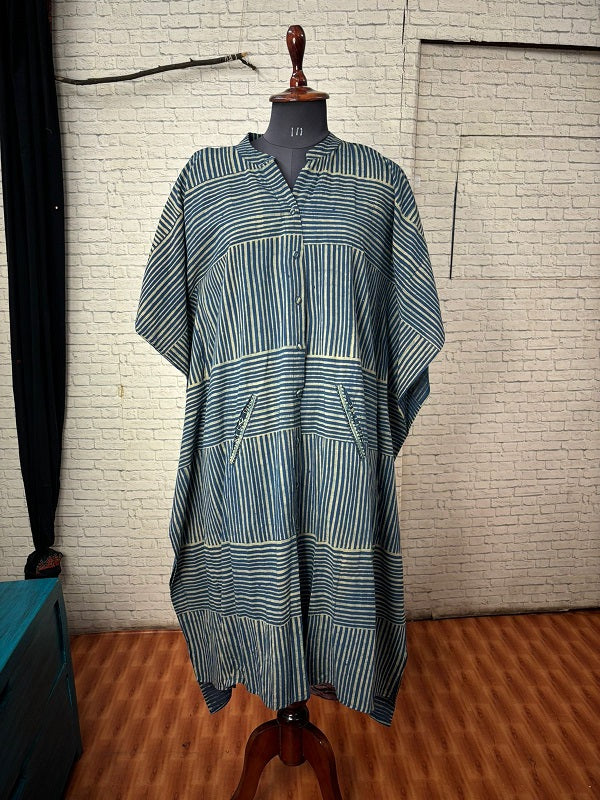 Indigo Green Cross Stripes Ajrakh High Low Midi Shirt Kaftan