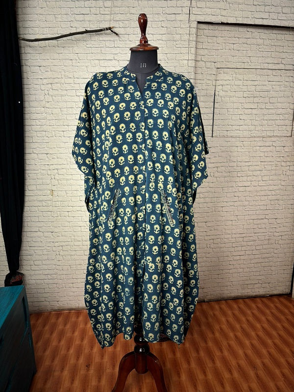 Indigo Green Flower Ajrakh High Low Midi Shirt Kaftan