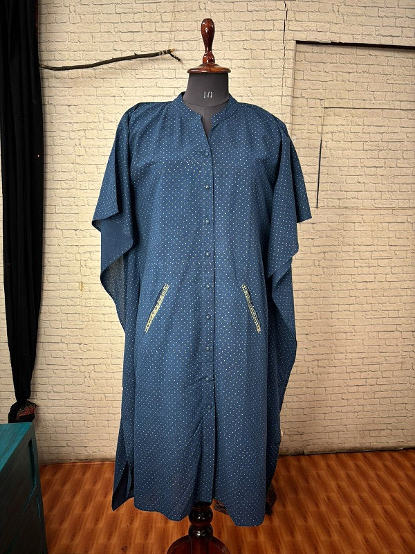 Indigo Green Dots Ajrakh High Low Midi Shirt Kaftan