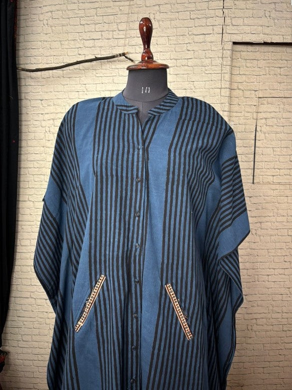 Indigo Black Stripes Ajrakh High Low Midi Shirt Kaftan