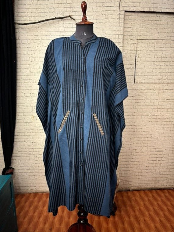 Indigo Black Stripes Ajrakh High Low Midi Shirt Kaftan