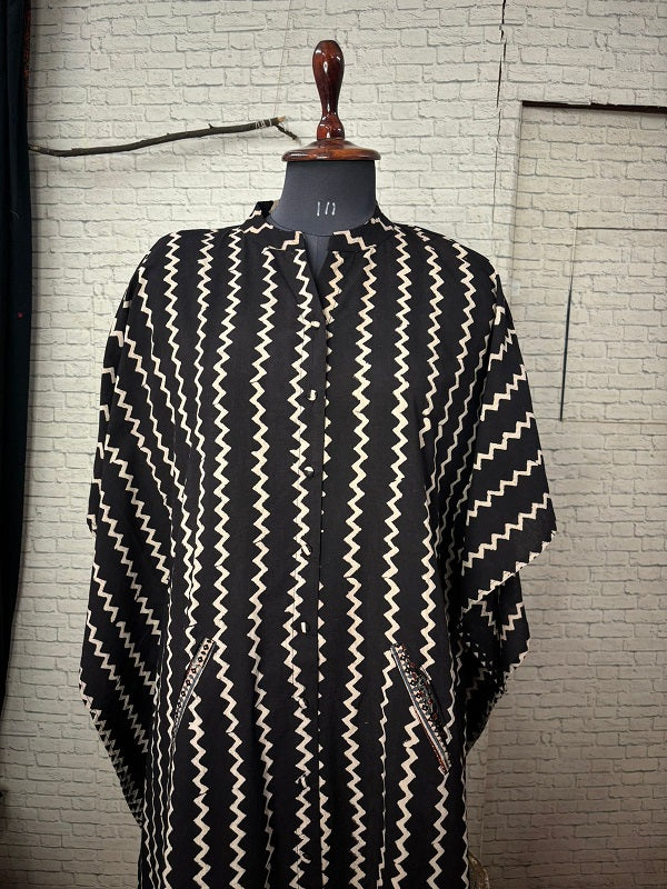 Black White Zigzag Ajrakh High Low Midi Shirt Kaftan