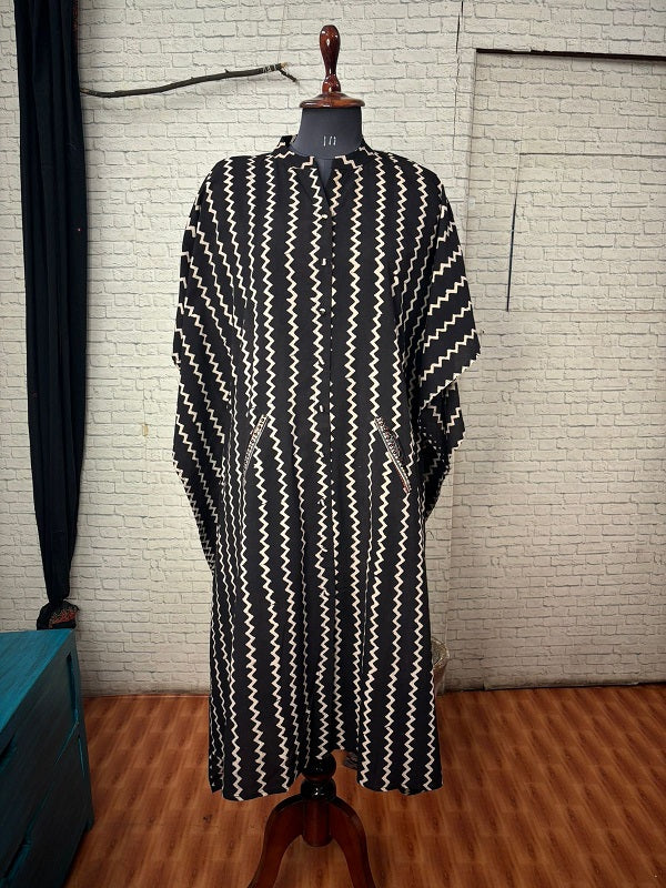 Black White Zigzag Ajrakh High Low Midi Shirt Kaftan